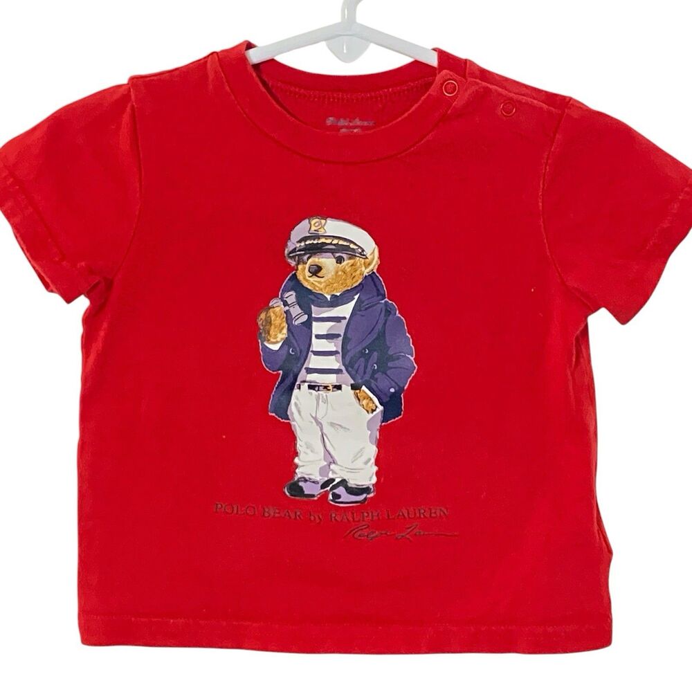 red Polo Bear by Ralph Lauren 9M Baby Toddler Shirt Nautical snap shoulder s/s